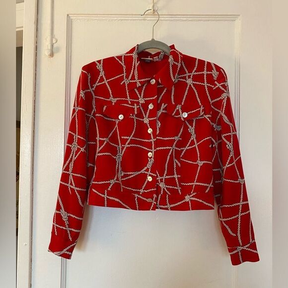 Vintage Red Patterned Women's Long Sleeve Button Up Blouse Size 8P - Picture 1 of 6